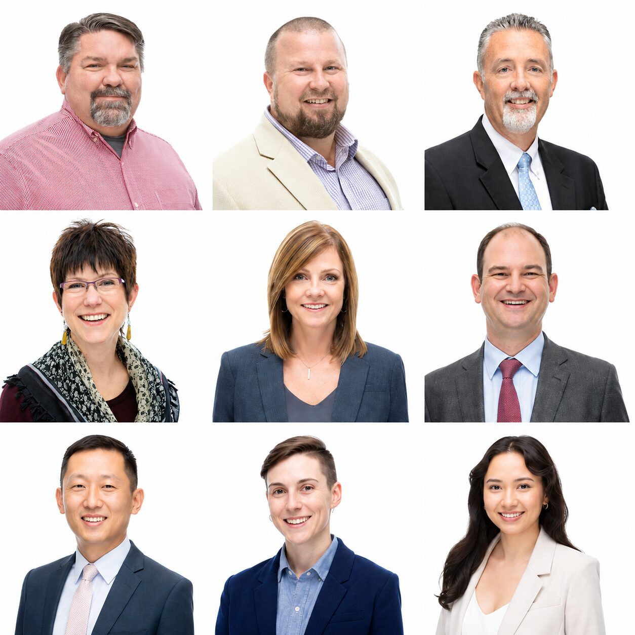 Grid of nine professional corporate headshots featuring business professionals in Cincinnati, Ohio, wearing business attire against clean white backgrounds.
